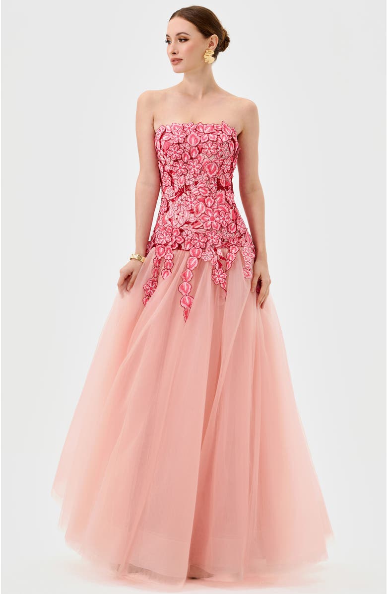 Bariano Poppi Strapless Floral Gown, Alternate, color, Pink