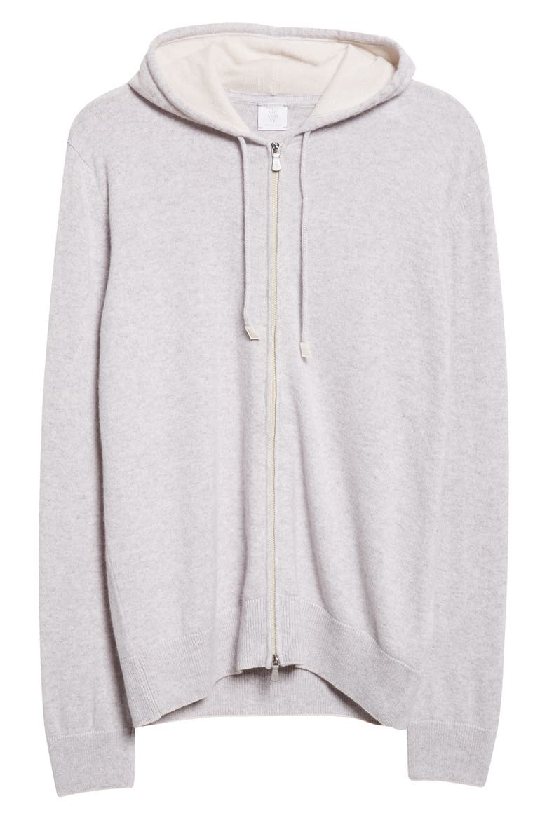 Full Zip Cashmere Hoodie Sweater, Alternate, color, LIGHT GREY MELANGE AND SAND