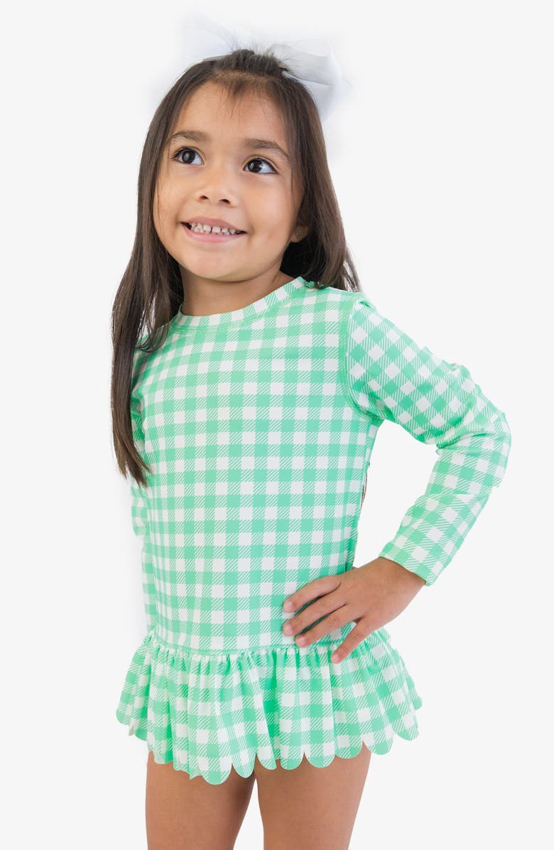 RuffleButts Kids' Gingham Long Sleeve Skirted UPF 50+ Rashguard, Alternate, color, Green
