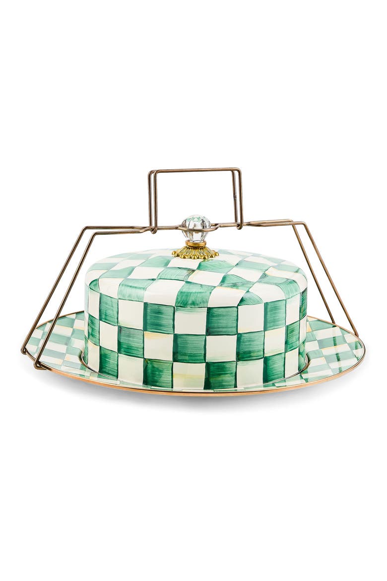 Emerald Check Enameled Steel Cake Carrier, Main, color, EMERALD