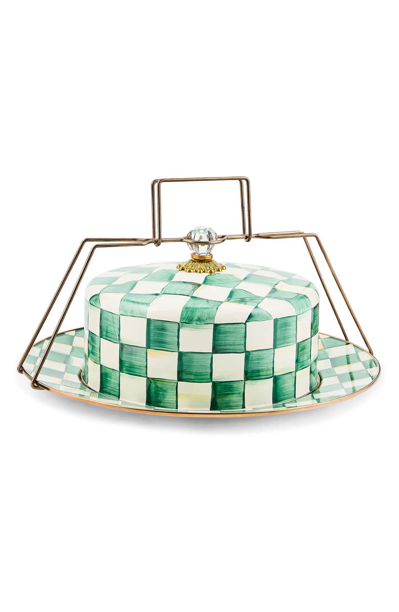 MACKENZIE CHILDS Emerald Check Enameled Steel Cake Carrier, Main, color, Emerald