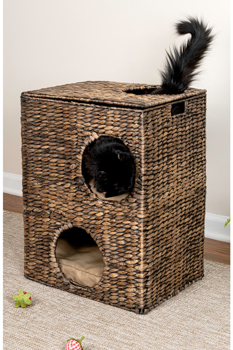 Jaxon 18" 2-Tier Handwoven Hyacinth Rectangular 5-Hole Cat Condo, 2 Machine-Washable Cushions, Alternate, color, Brown
