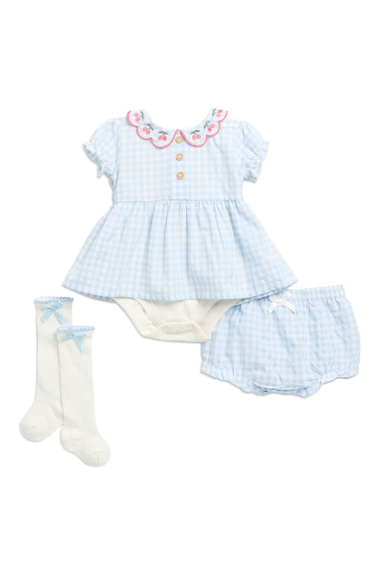 Cherries Embroidered Collar Gingham Dress, Bloomers & Socks Set, Main, color, SKYWAY