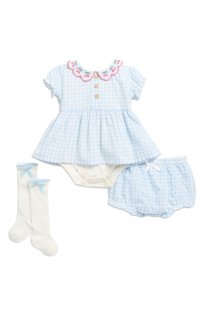 Nicole Miller Gingham Dress, Bloomers & Socks Set, Main, color, Skyway