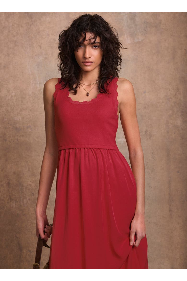 Scallop Short Sleeve Trim Midi Dress, Alternate, color, Red