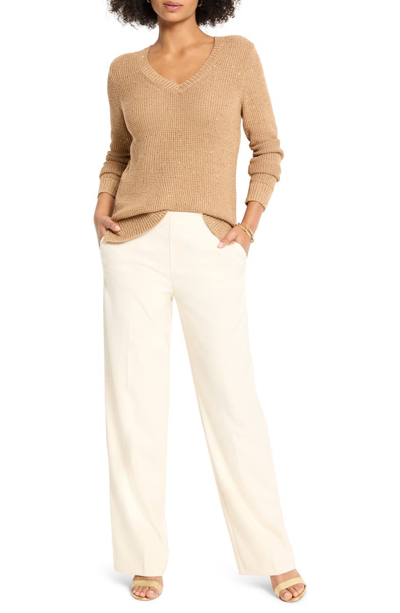 NIC+ZOE Shimmer V-Neck Waffle Stitch Sweater, Alternate, color, Copper Cream