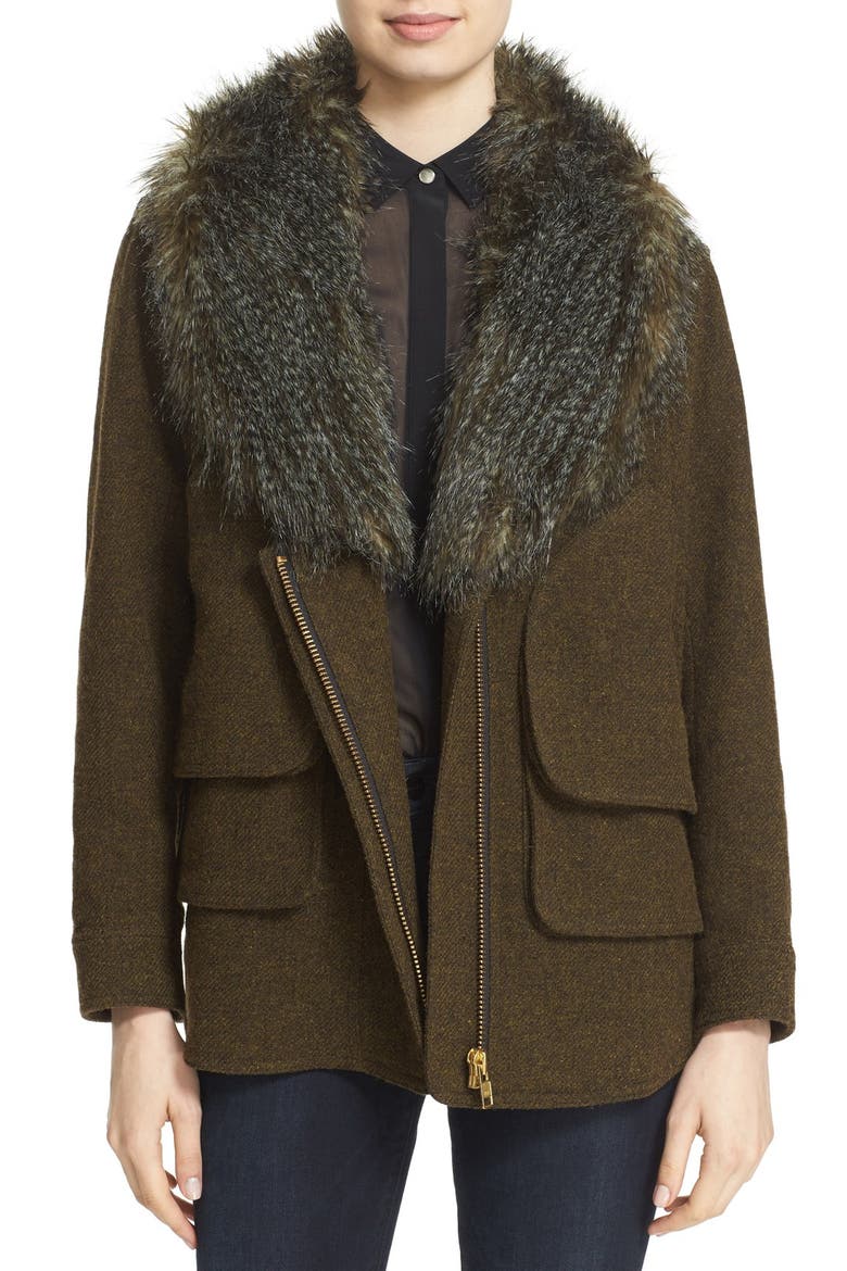 'Flak' Wool Blend Jacket with Removable Faux Fur Collar, Main, color, ARMY