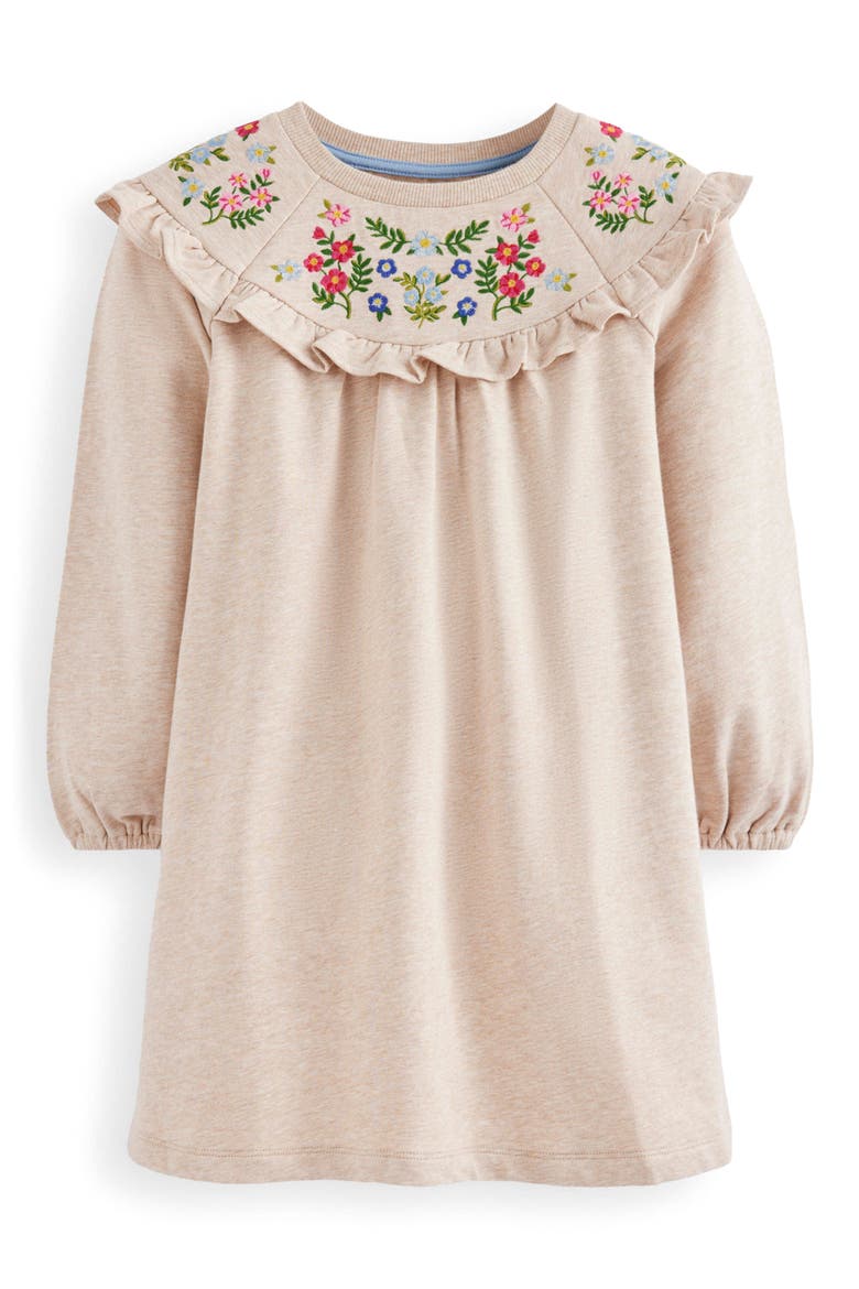 Kids' Floral Embroidered Cotton Sweatshirt Dress, Main, color, OATMEAL MARL