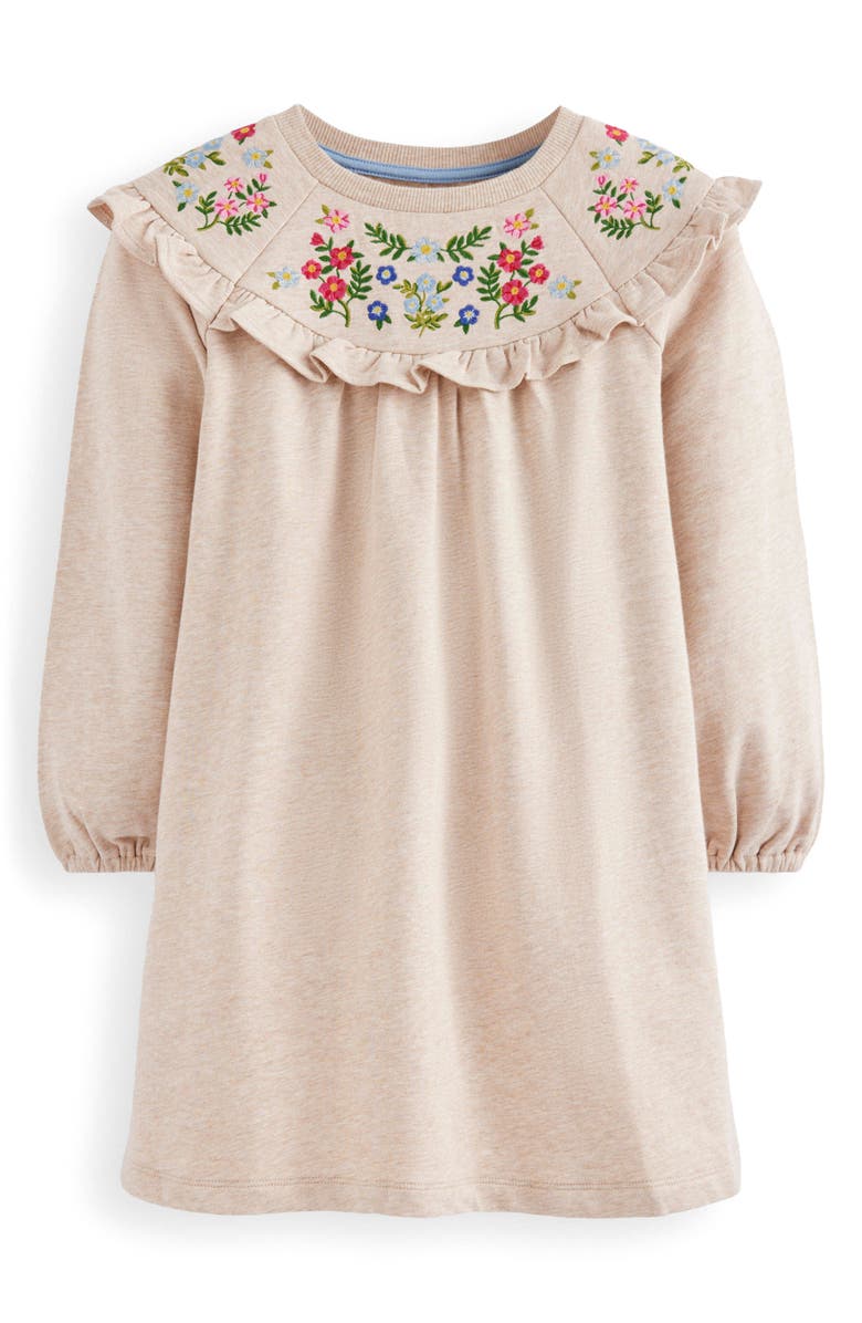 Mini Boden Kids' Floral Embroidered Cotton Sweatshirt Dress, Main, color, Oatmeal Marl