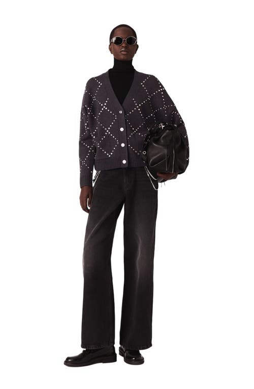 Maje Rhinestone Check Cardigan In Brown
