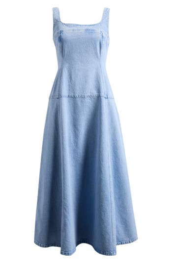 Topshop Sleeveless Drop Waist Denim Midi Dress In Blue