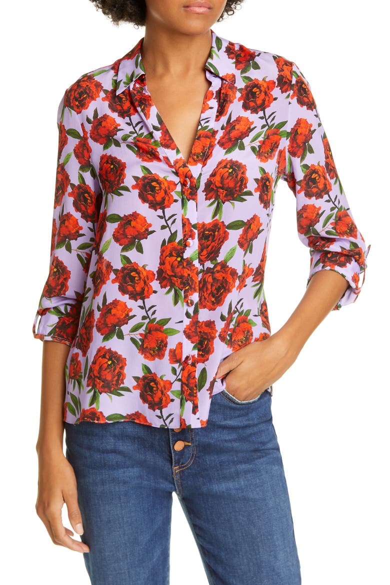 Eloise Roll Sleeve Floral Print Silk Blouse, Main, color, LILAS ROSE SCARLET