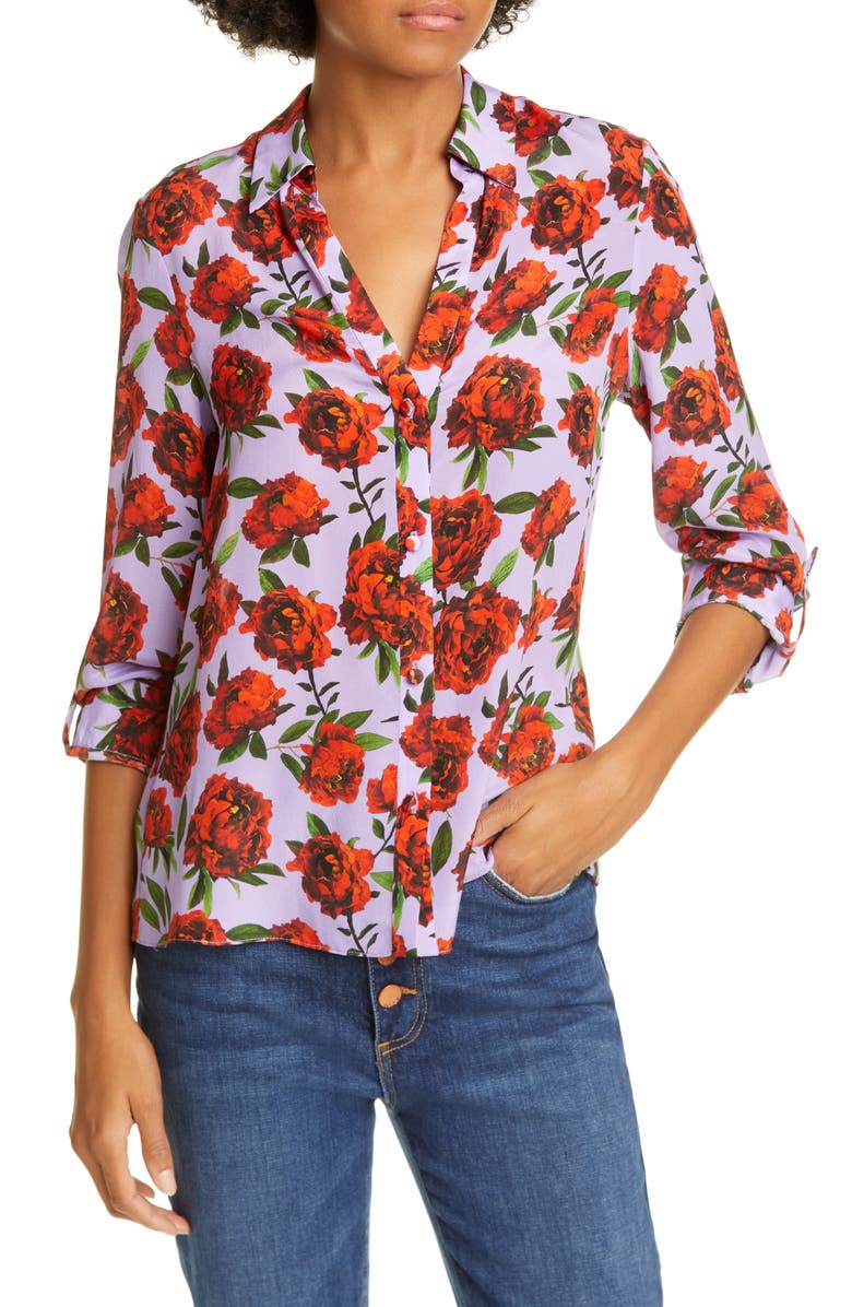 Alice + Olivia Eloise Roll Sleeve Floral Print Silk Blouse, Main, color, 