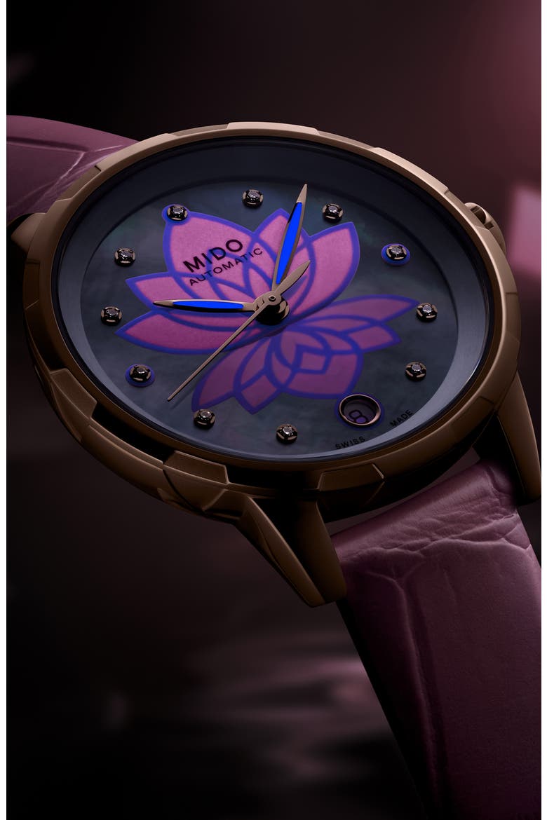 Rainflower Diamond Night Mode Automatic Leather Strap Watch, 34mm, Alternate, color, WHITE MOTHER OF PEARL