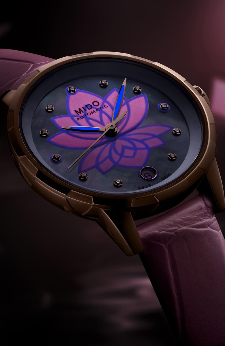 MIDO Rainflower Diamond Night Mode Automatic Leather Strap Watch, 34mm, Alternate, color, White Mother Of Pearl