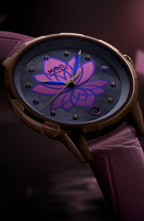 Mido Rainflower Diamond Night Mode Automatic Leather Strap Watch, 34mm In Pink