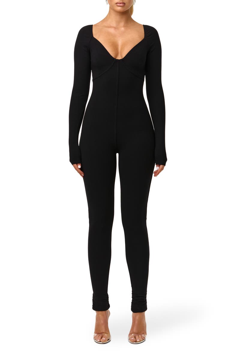Naked Wardrobe Faux Bustier Ribbed Long Sleeve Jumpsuit, Main, color, Black