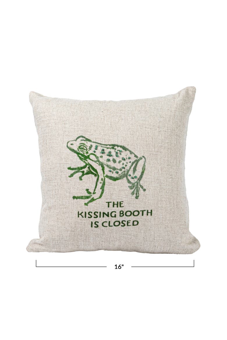 16" Square Linen Blend Printed Pillow with Frog and "The Kissing Booth is Closed" Text Prints and French Knots, Natural and Green, Alternate, color, Natural