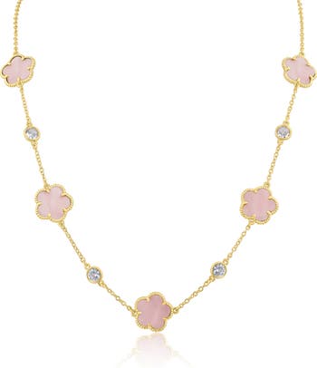 Clover Stone & CZ Station Chain Necklace