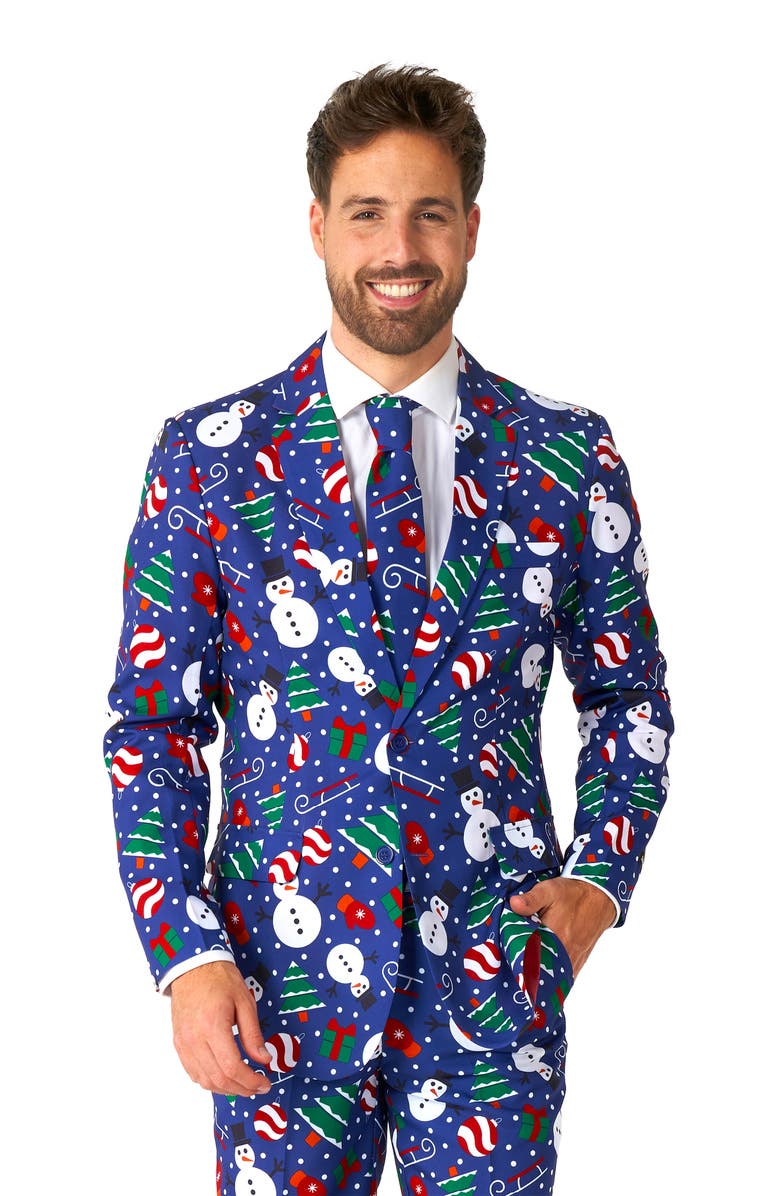 OppoSuits Christmas Snowman Trim Fit Suit & Tie, Alternate, color, Blue