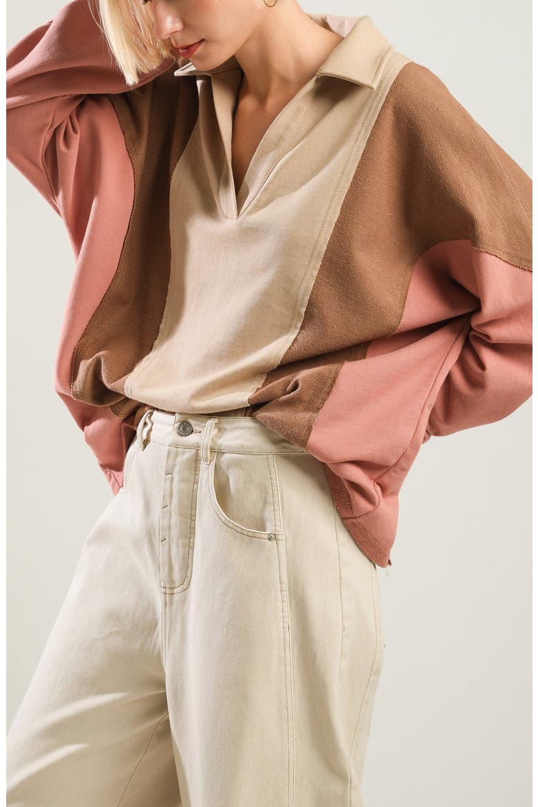 Colorblocked Spread Collar Knit Top, Alternate, color, TAUPE MULTI