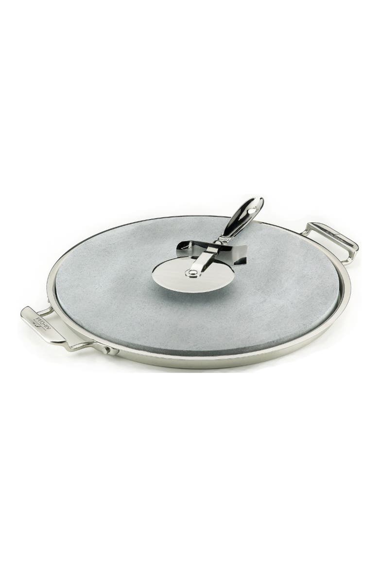 Pizza Stone with Serving Tray and Rotary Cutter, Main, color, STAINLESS STEEL