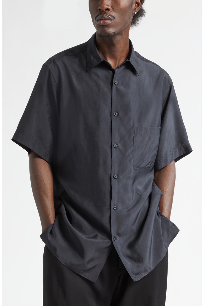 Big Short Sleeve Cupro Taffeta Button-Up Shirt, Main, color, BLACK