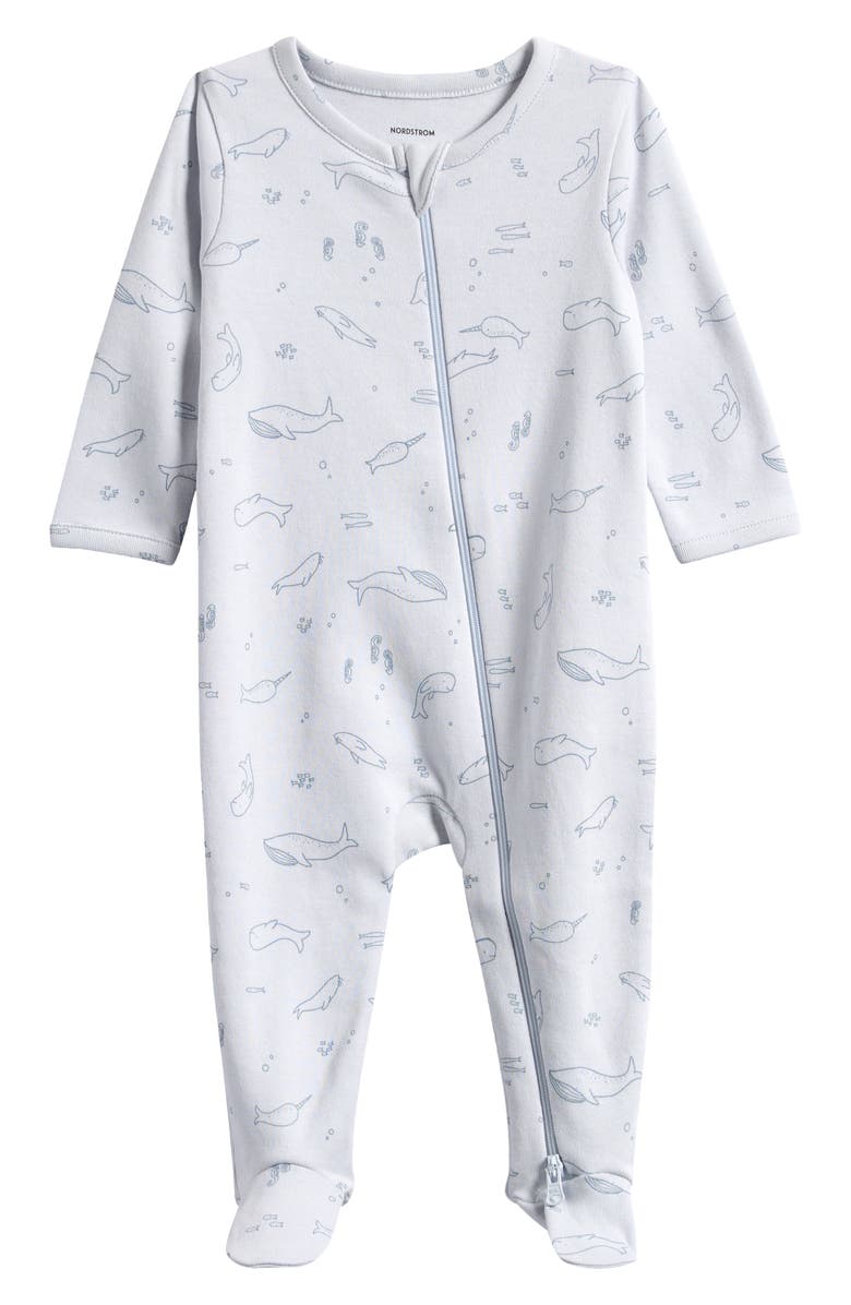 Nordstrom Print Cotton Footie Romper, Main, color, Blue Ice Sea Animals