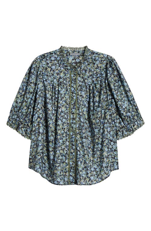Wit & Wisdom Ruffle Lace Floral Print Top In Black/deep Seagrass Multi