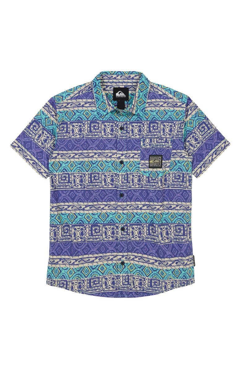 Quiksilver Kids' Global Heat Stripe Short Sleeve Cotton Button-Up Shirt, Main, color, Turquoise