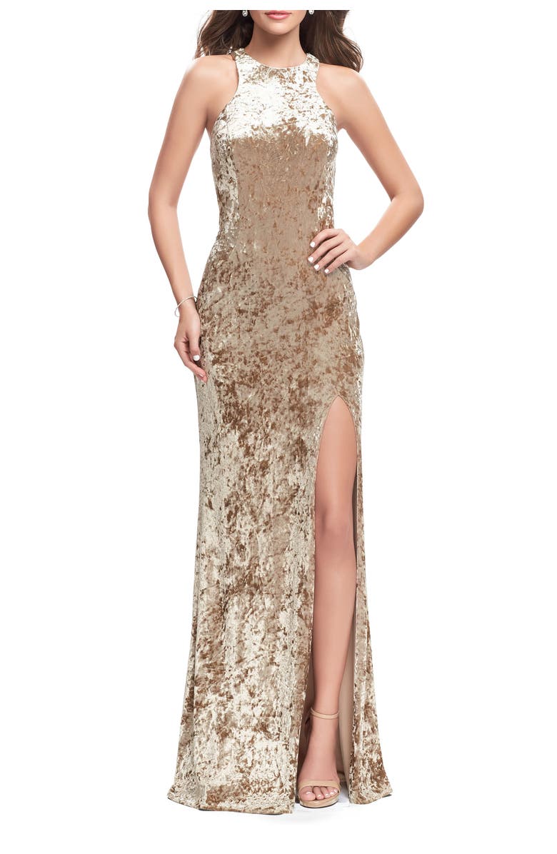 La Femme Crushed Velvet Prom Dress with High Neckline and Leg Slit, Main, color, Beige