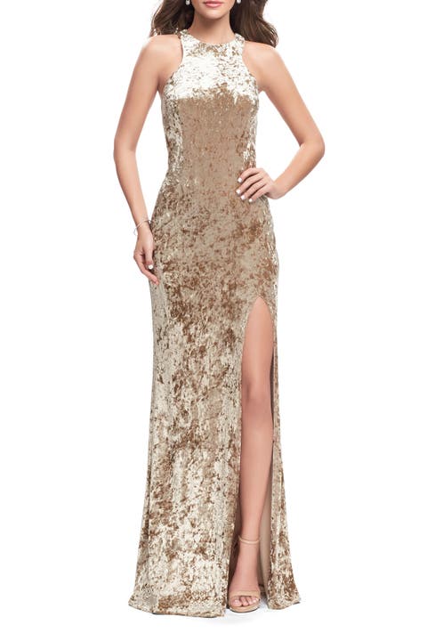 Crushed Velvet Prom Dress with High Neckline and Leg Slit