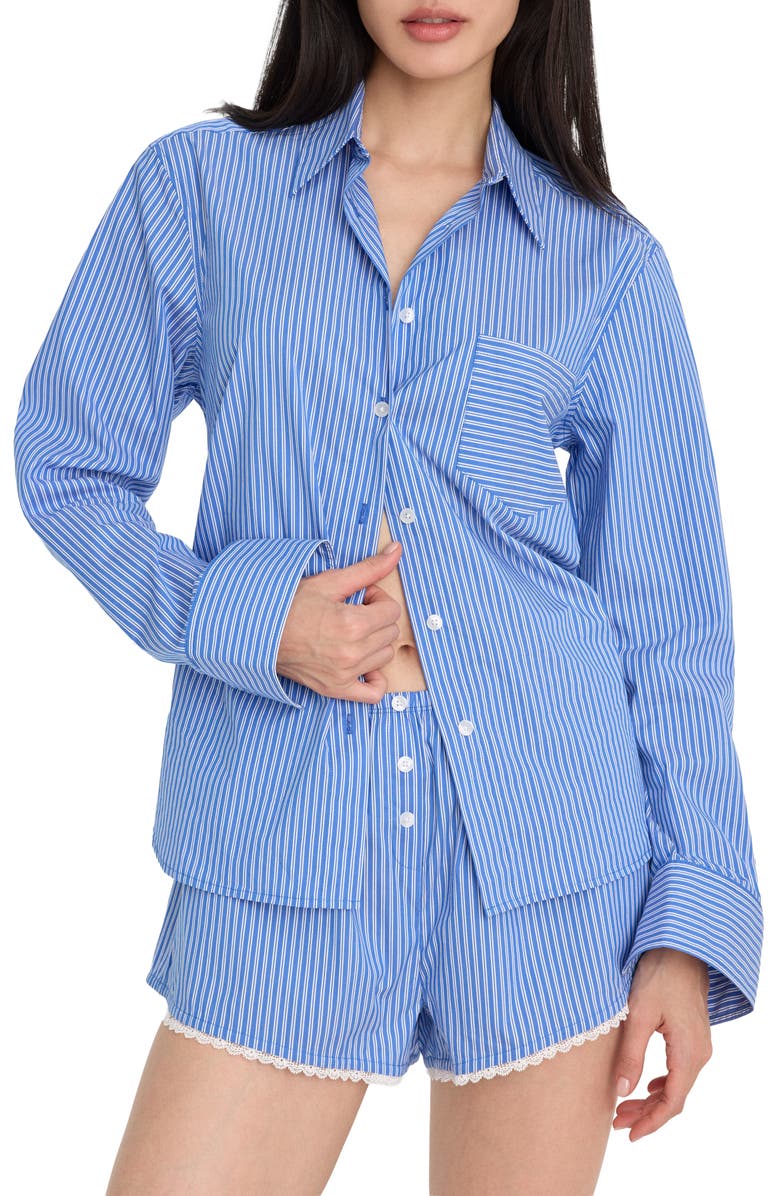 Good American Classic Boxy Poplin Button-Up Shirt, Main, color, Blue White Stripe