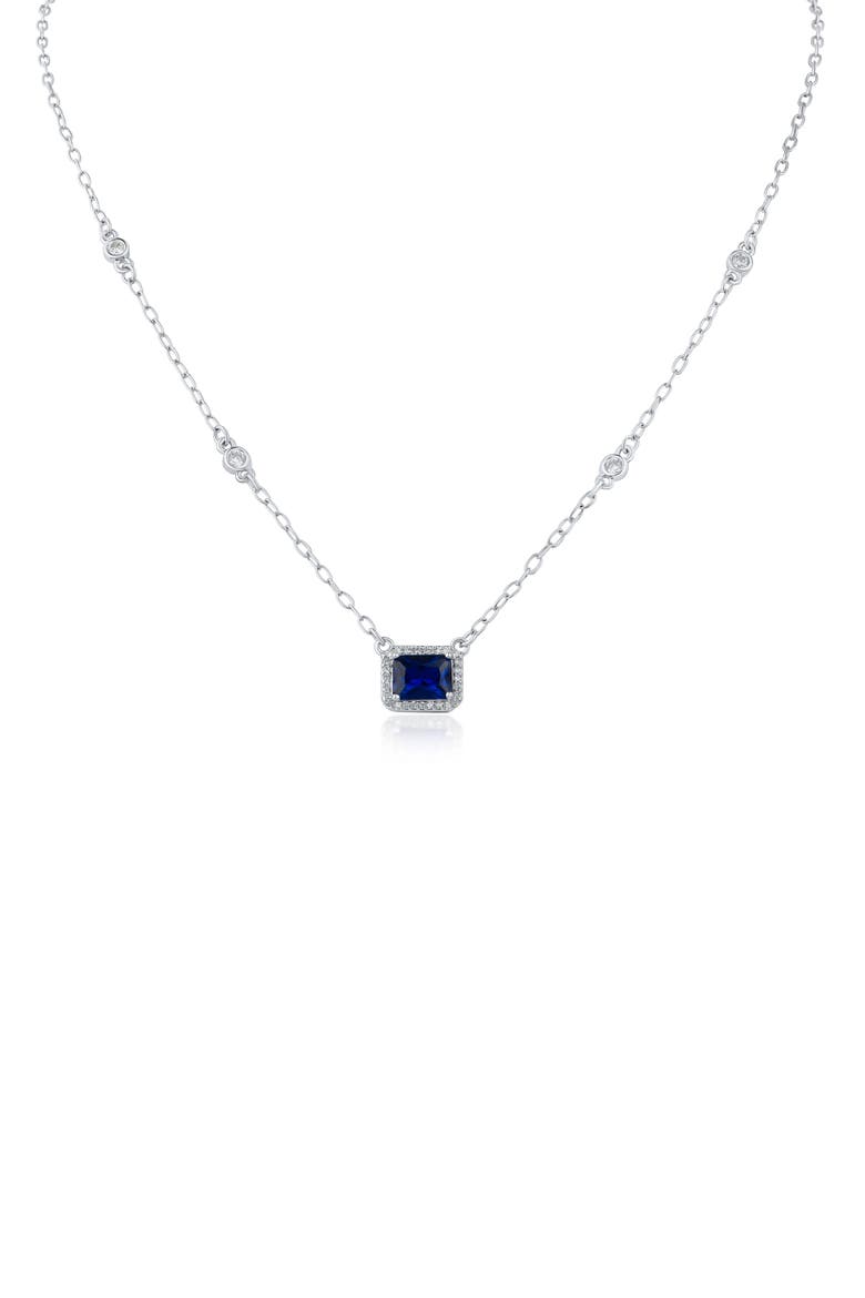 CZ Halo Emerald Cut Station Chain Necklace, Main, color, BLUE/ SILVER