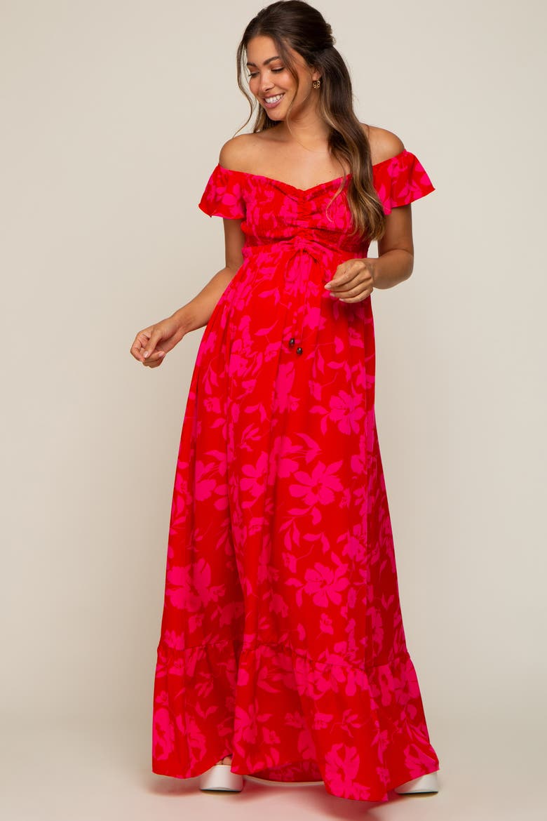 Floral Smocked Cinched Top Maxi Dress, Alternate, color, Red