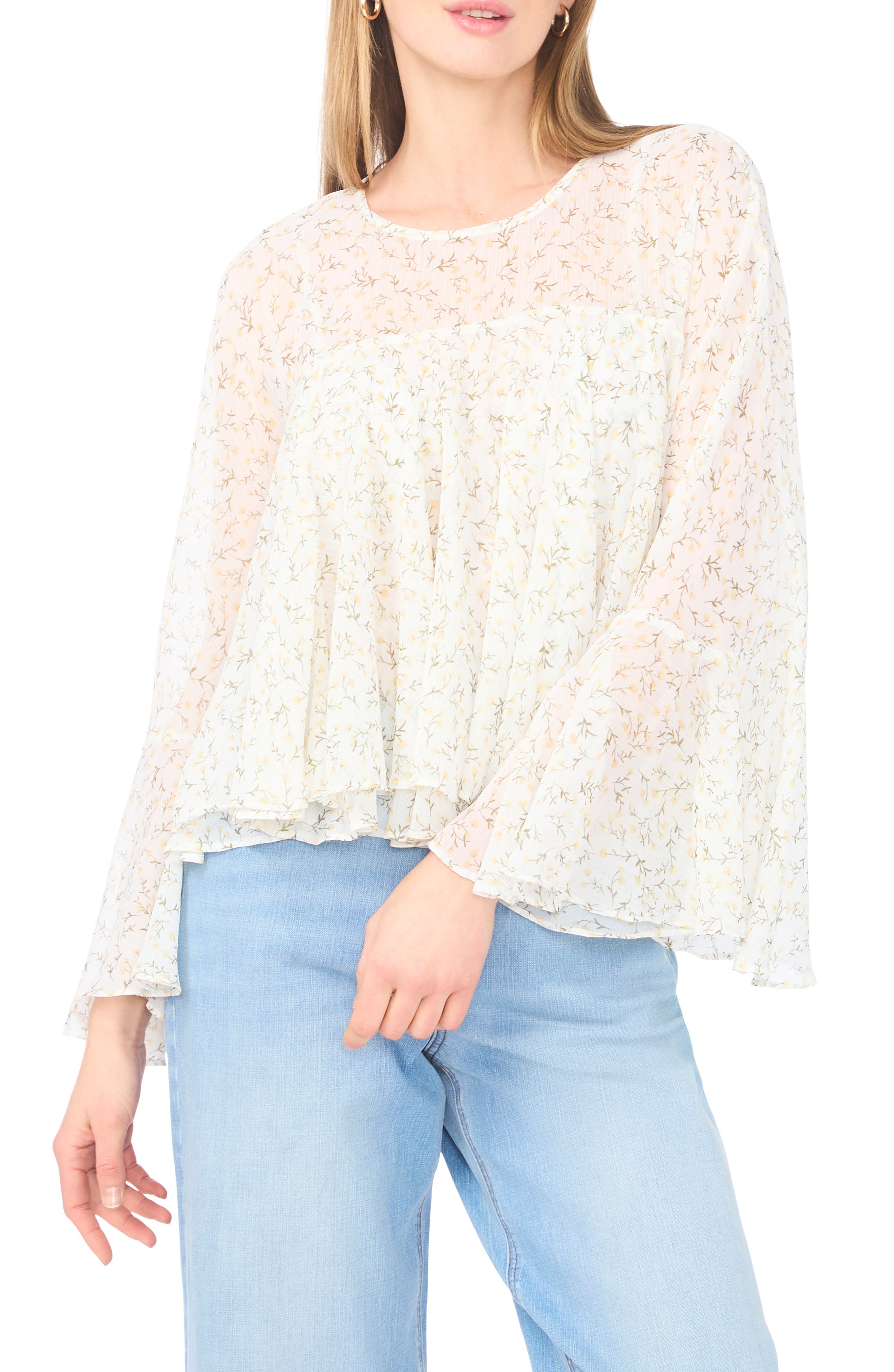 1.STATE Floral Long Bell Sleeve Ruffle Top