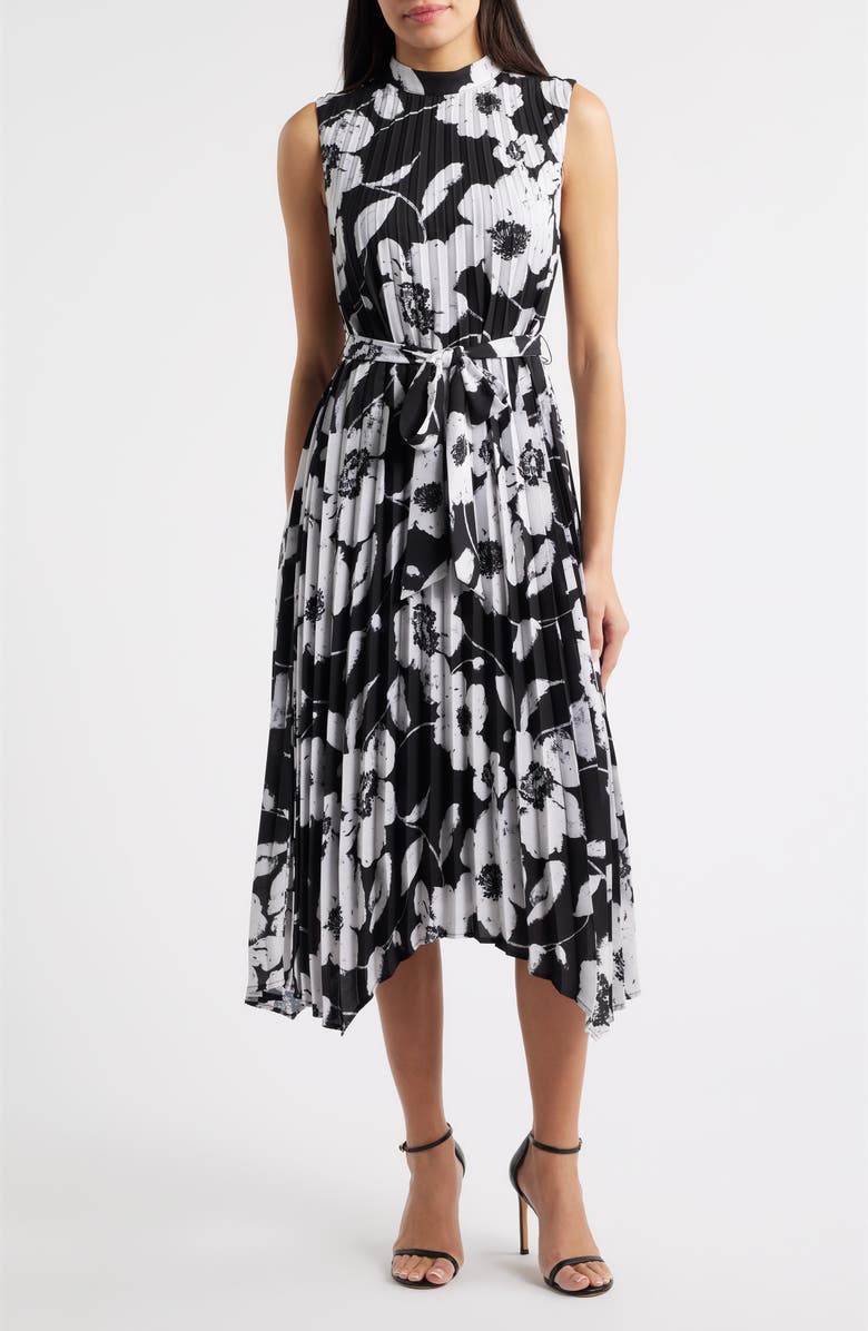 Tahari ASL Floral Handkerchief Hem Pleated Midi Dress, Main, color, Black White