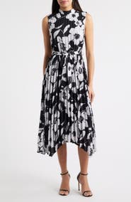 Tahari ASL Floral Handkerchief Hem Pleated Midi Dress