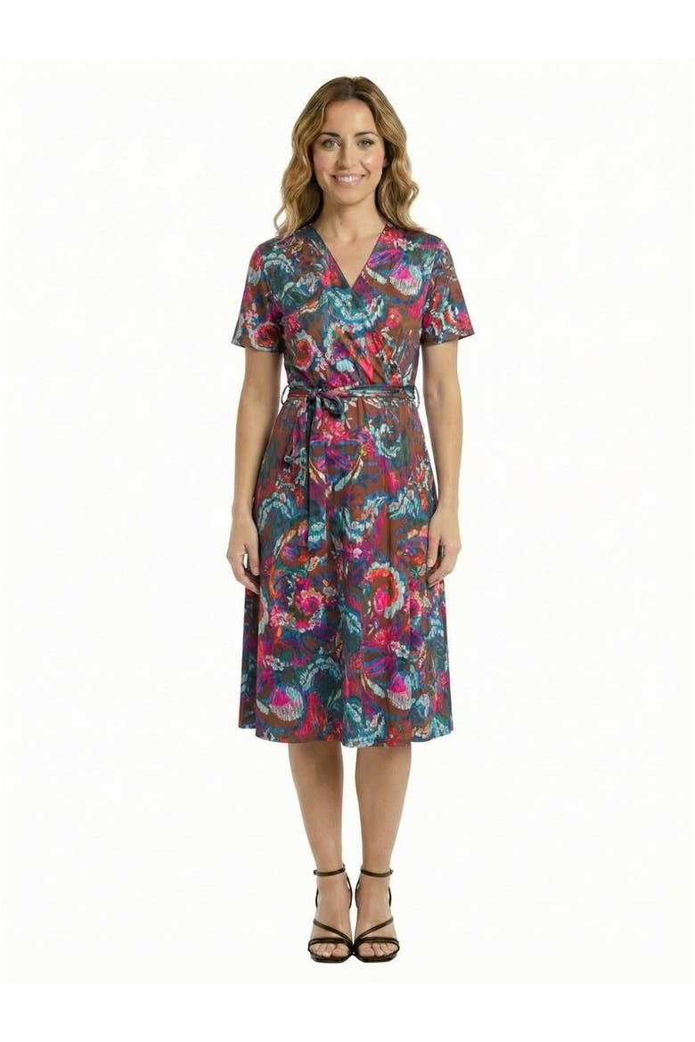 Essential Petite Paisley Print Short Sleeve Tie Waist Midi Dress, Main, color, Brown Multi