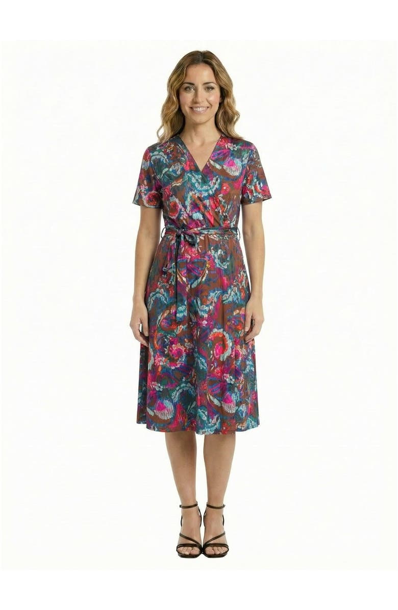 24seven Comfort Apparel Essential Petite Paisley Print Short Sleeve Tie Waist Midi Dress, Main, color, Brown Multi