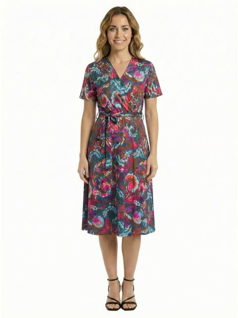 Essential Petite Paisley Print Short Sleeve Tie Waist Midi Dress