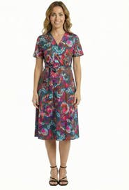 24seven Comfort Apparel Essential Petite Paisley Print Short Sleeve Tie Waist Midi Dress