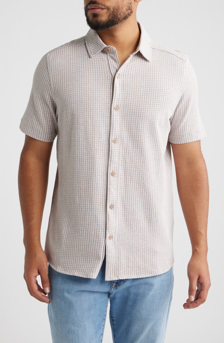 Johnston & Murphy Bennett Gingham Short Sleeve Button-Up Shirt, Main, color, Tan Gingham