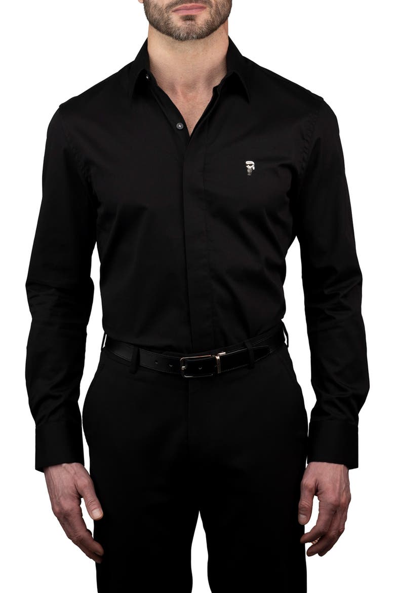 Trim Fit Solid Cotton Dress Shirt, Main, color, BLACK