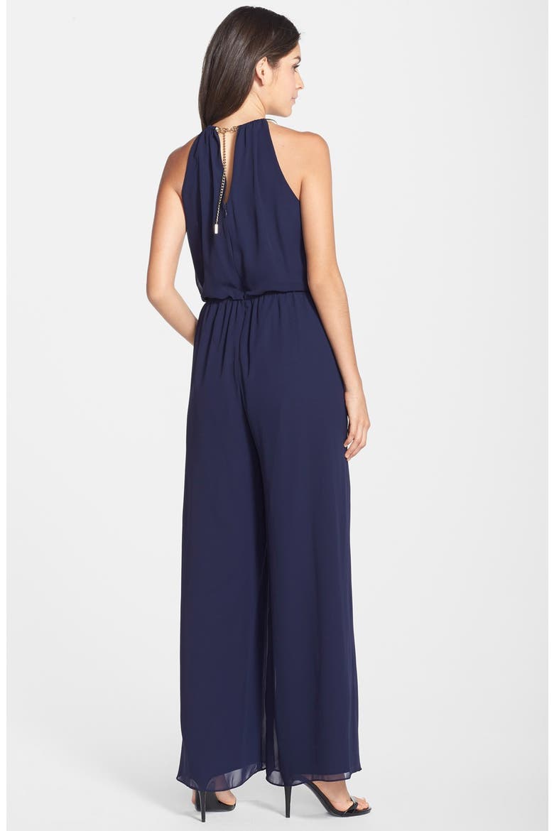 Halter Chiffon Blouson Jumpsuit, Alternate, color, NAVY