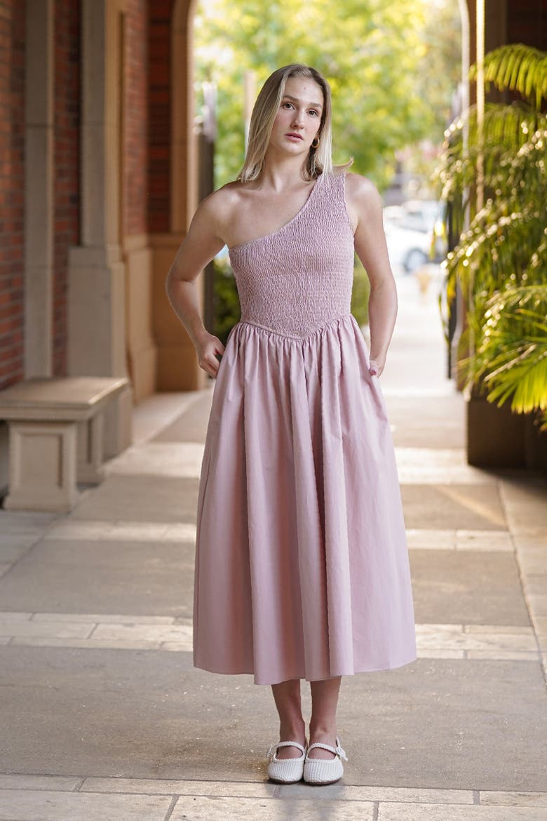 Bianca One-Shoulder Smocked Midi Dress, Alternate, color, Mauve
