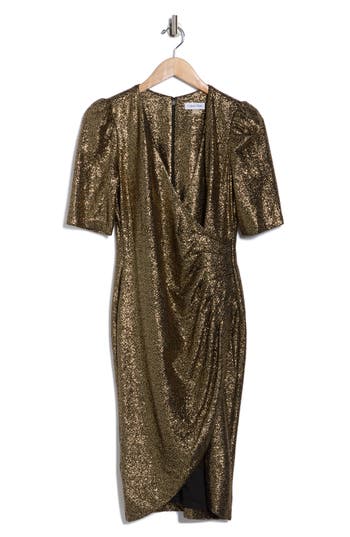 Calvin Klein Metallic Short Sleeve Faux Wrap Dress In Multi