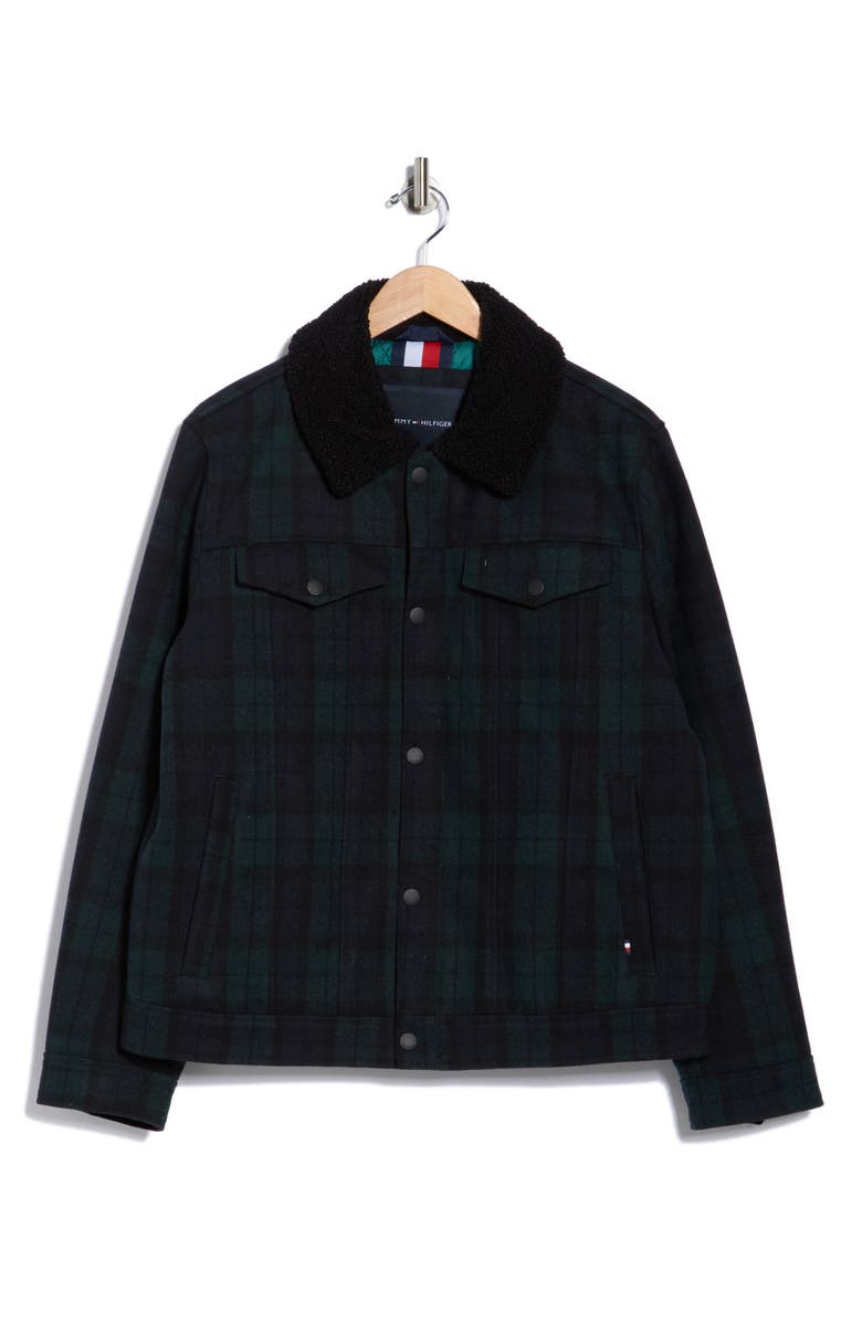 Tommy Hilfiger Plaid Faux Fur Collar Jacket, Alternate, color, Blackwatch Plaid