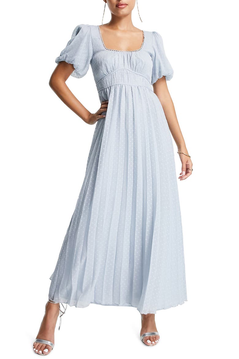Pleated Dobby Puff Sleeve Midi Dress, Main, color, LIGHT BLUE