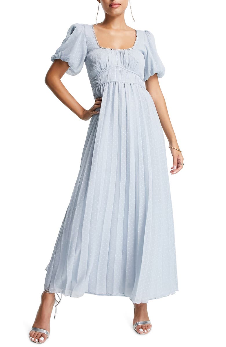 ASOS DESIGN Pleated Dobby Puff Sleeve Midi Dress, Main, color, 
